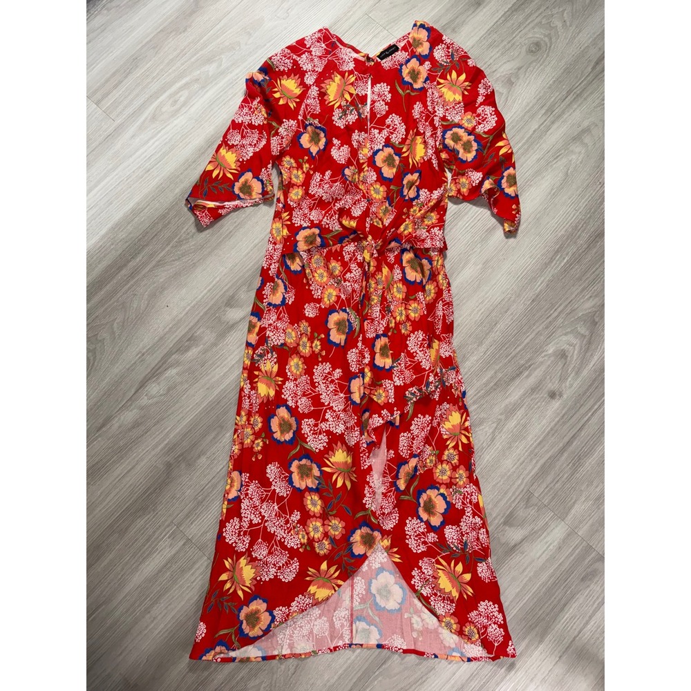Milk & Honey Red Floral Maxi Dress M Faux Wrap Tulip Hem Flutter Sleeve Boho